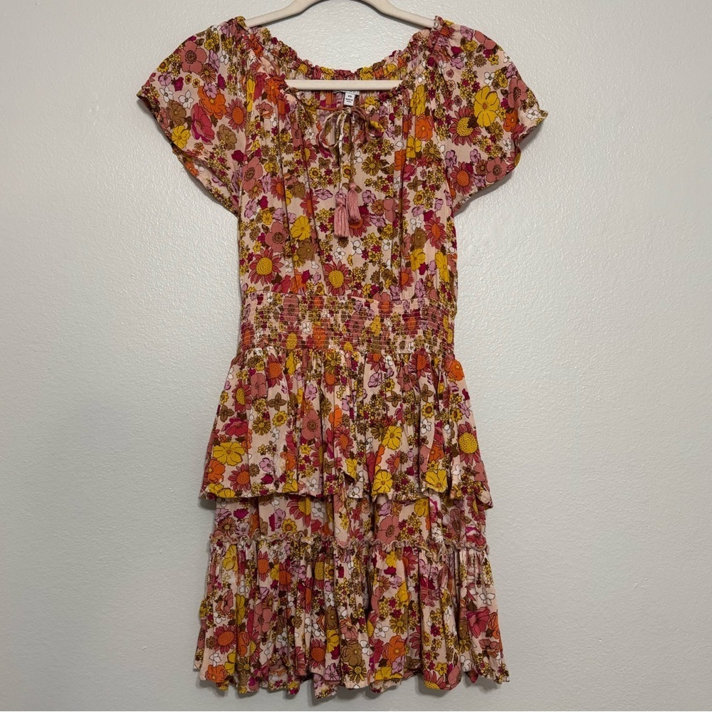 Patrons of Peace Floral Ruffled Smocked Waist Mini Dress - XS